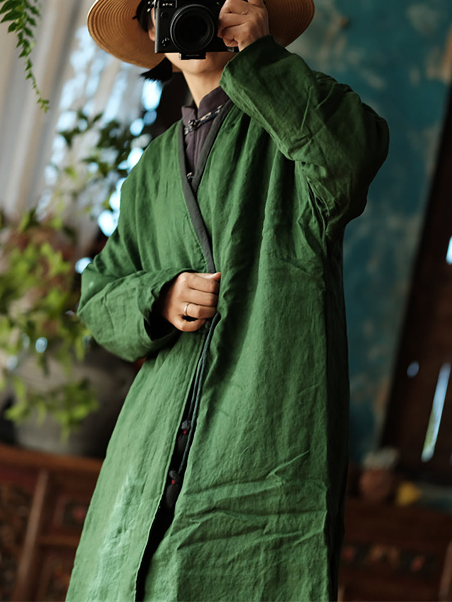 Women Vintage Autumn Solid V-Neck 100%Linen Coat