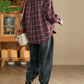 Women Vintage Autumn Plaid Cotton Turn-down Collar Shirt