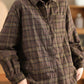 Women Vintage Autumn Plaid Cotton Turn-down Collar Shirt