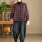 Women Vintage Autumn Plaid Cotton Turn-down Collar Shirt