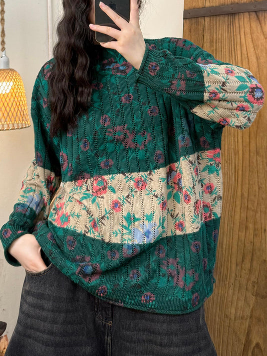 Women Autumn Casual Flower Colorblock Half Turtleneck Sweater