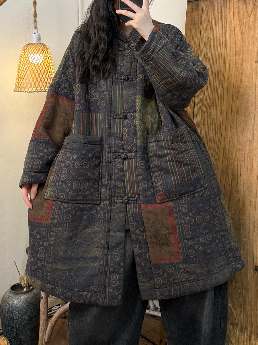 Women Autumn Ethnic Patch Buttoned Padded Long Coat