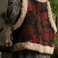 Women Retro Flower Spliced Corduroy Fleece Vest Coat