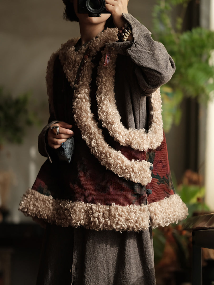 Women Retro Flower Spliced Corduroy Fleece Vest Coat