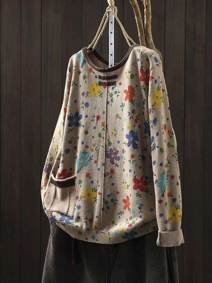 Women Autumn Casual Flower Knit O-Neck Sweater