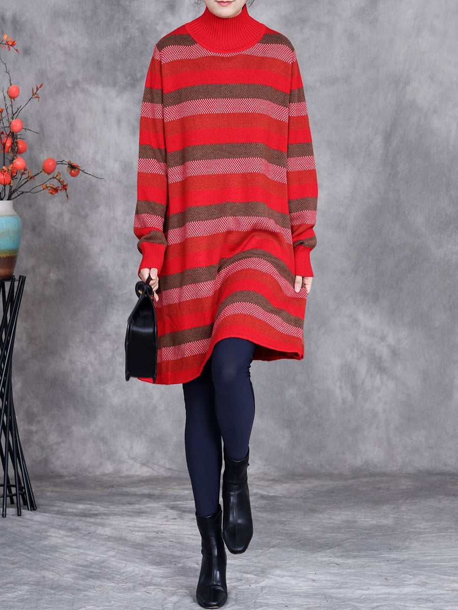 Women Autumn Artsy Stripe Turtleneck Knit Dress