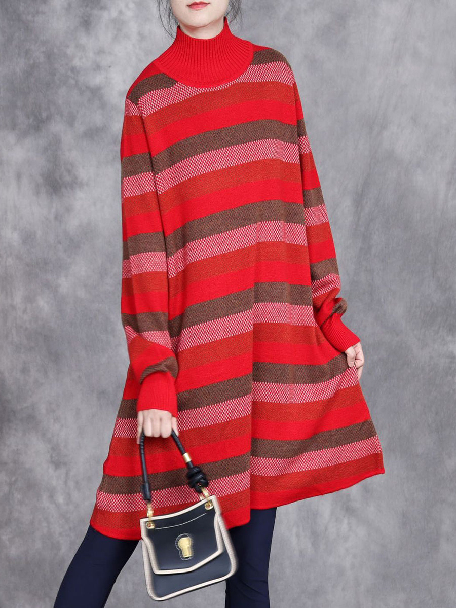 Women Autumn Artsy Stripe Turtleneck Knit Dress