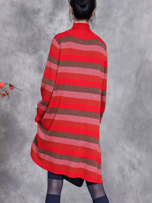 Women Autumn Artsy Stripe Turtleneck Knit Dress