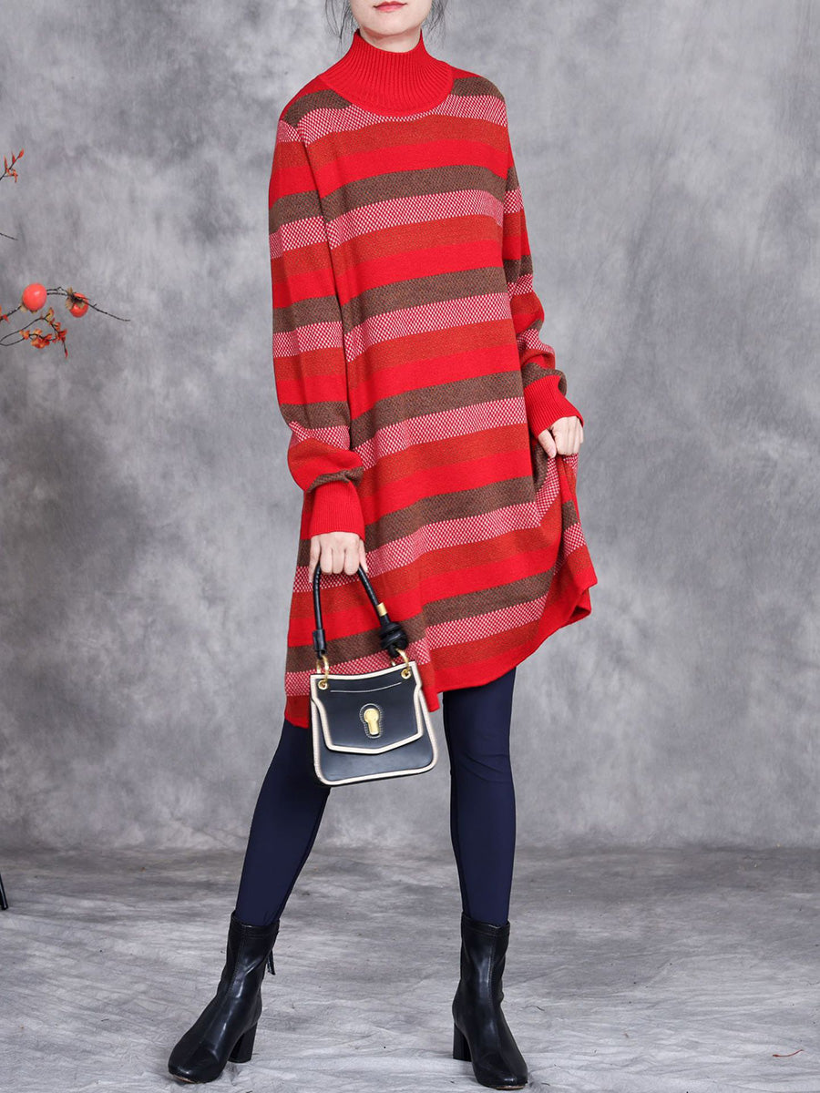 Women Autumn Artsy Stripe Turtleneck Knit Dress