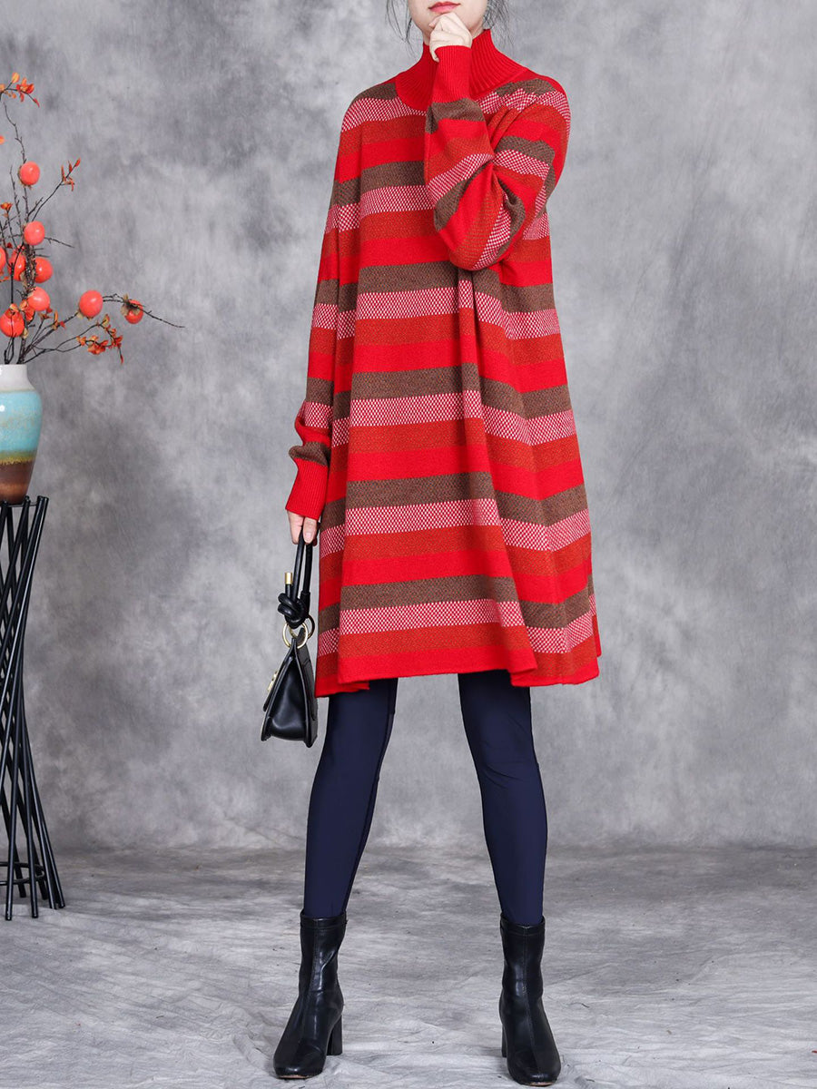 Women Autumn Artsy Stripe Turtleneck Knit Dress