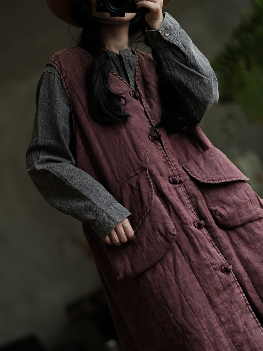 Women Retro Solid V-Neck Buttoned Cotton Vest Coat