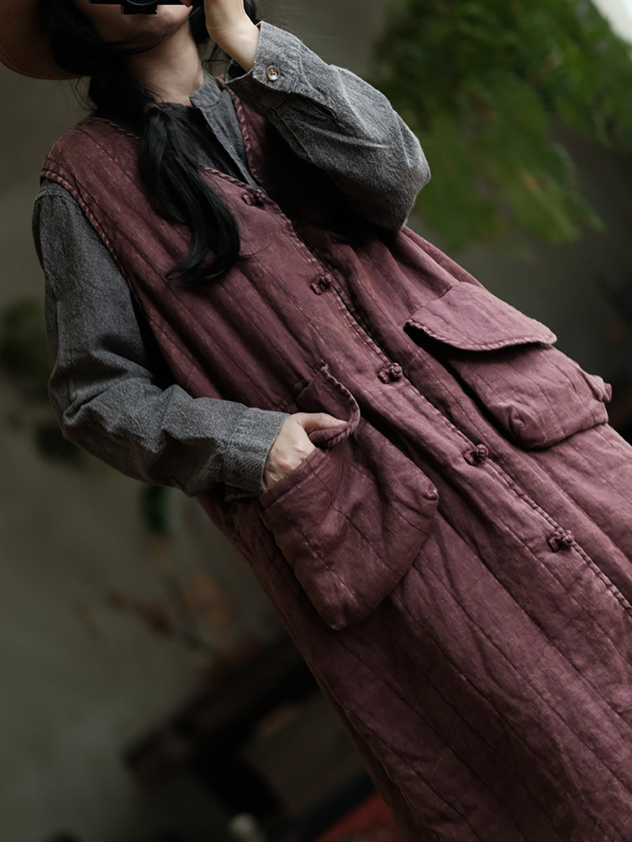 Women Retro Solid V-Neck Buttoned Cotton Vest Coat