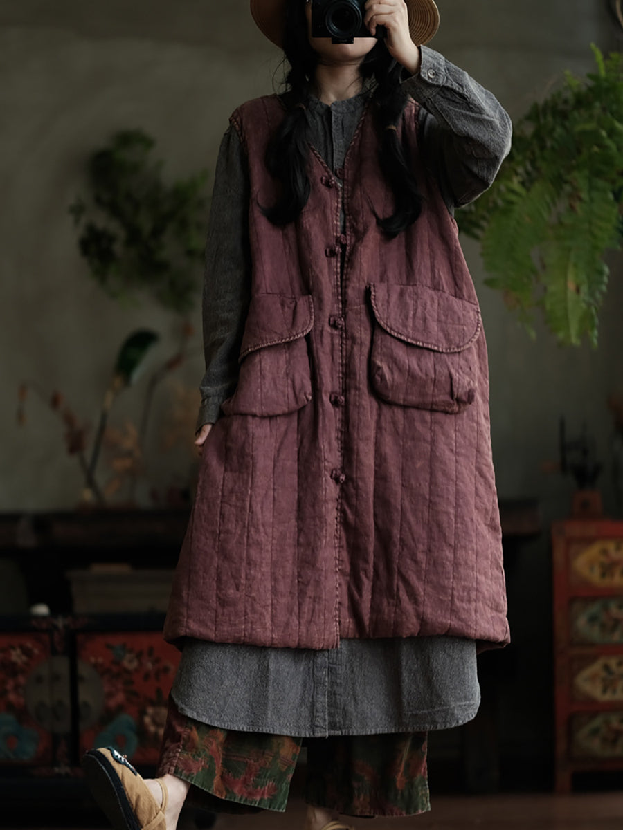 Women Retro Solid V-Neck Buttoned Cotton Vest Coat