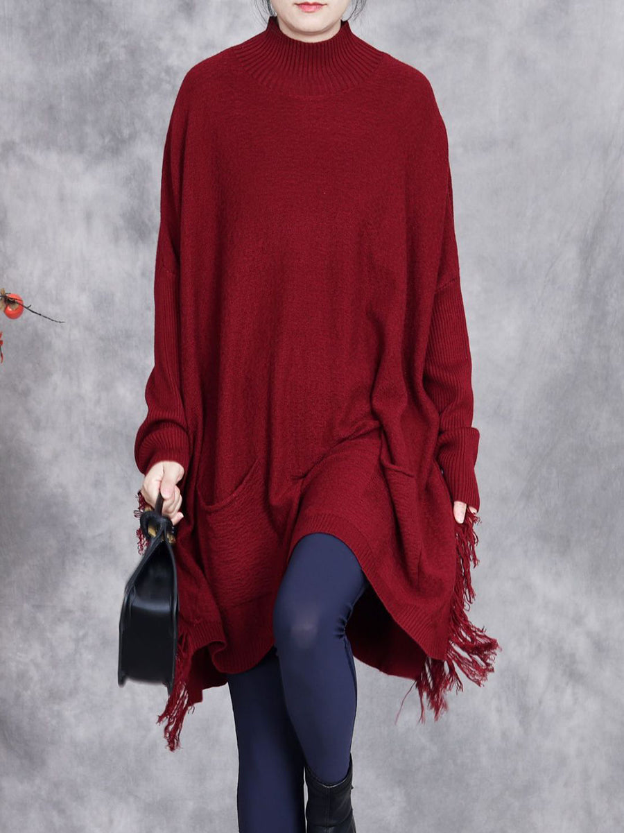 Women Vintage Autumn Solid Irregular Tassel Sweater