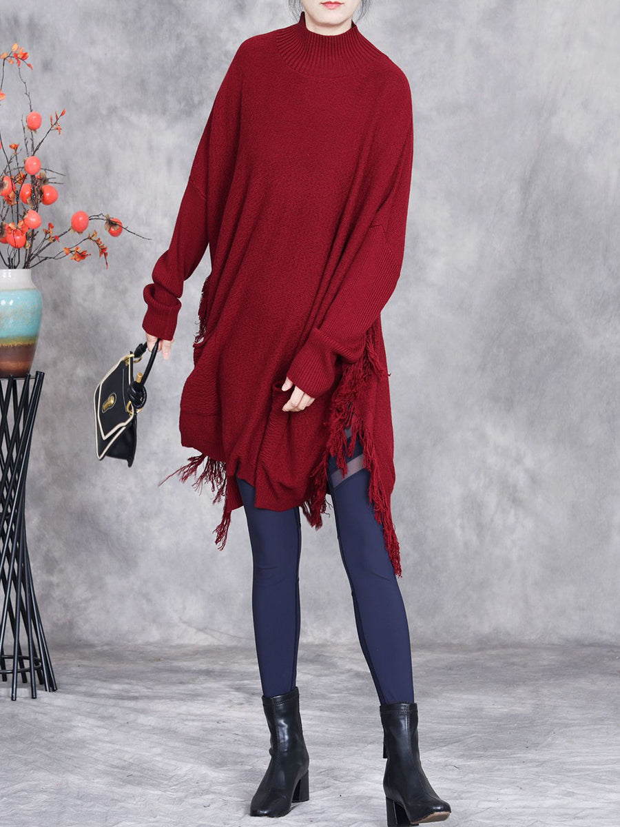 Women Vintage Autumn Solid Irregular Tassel Sweater