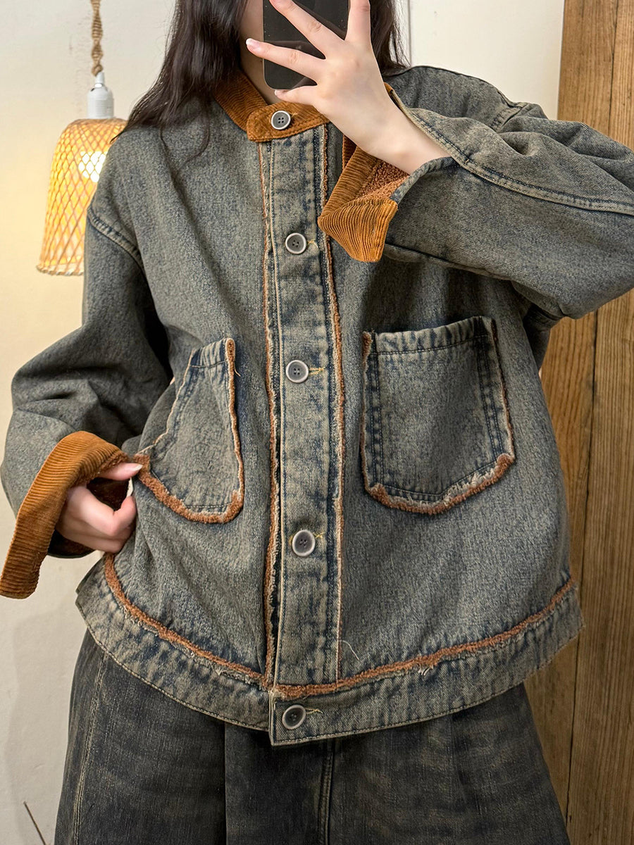 Women Autumn Retro Croduroy Denim Spliced Padded Coat