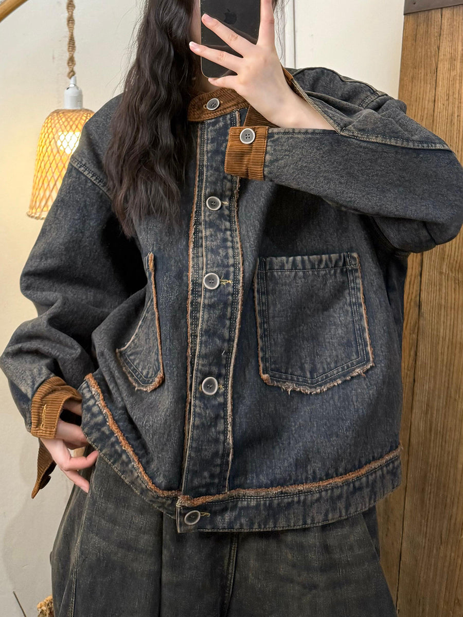 Women Autumn Retro Croduroy Denim Spliced Padded Coat