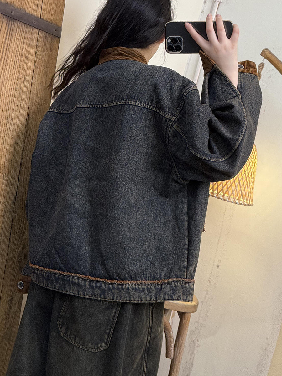 Women Autumn Retro Croduroy Denim Spliced Padded Coat