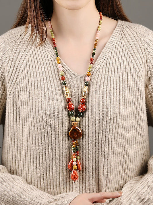 Women Vintage Bead Weave Pandent Sweater Necklace