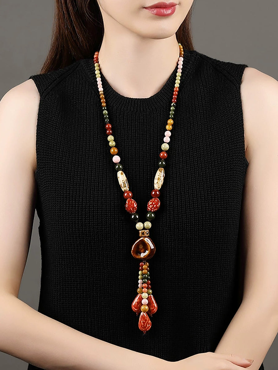 Women Vintage Bead Weave Pandent Sweater Necklace