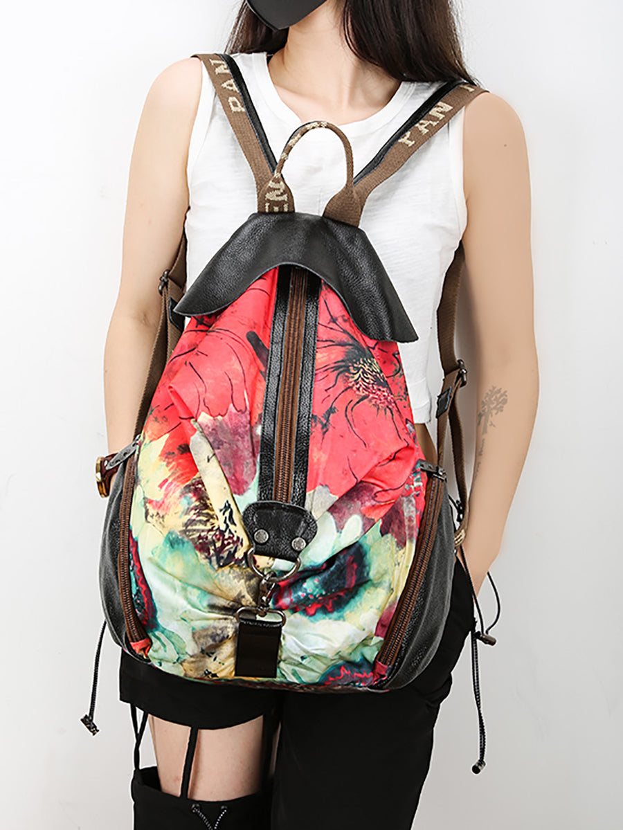 Women Vintage Flower Zipper Leather Spliced Backpack