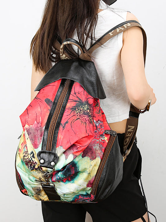 Women Vintage Flower Zipper Leather Spliced Backpack