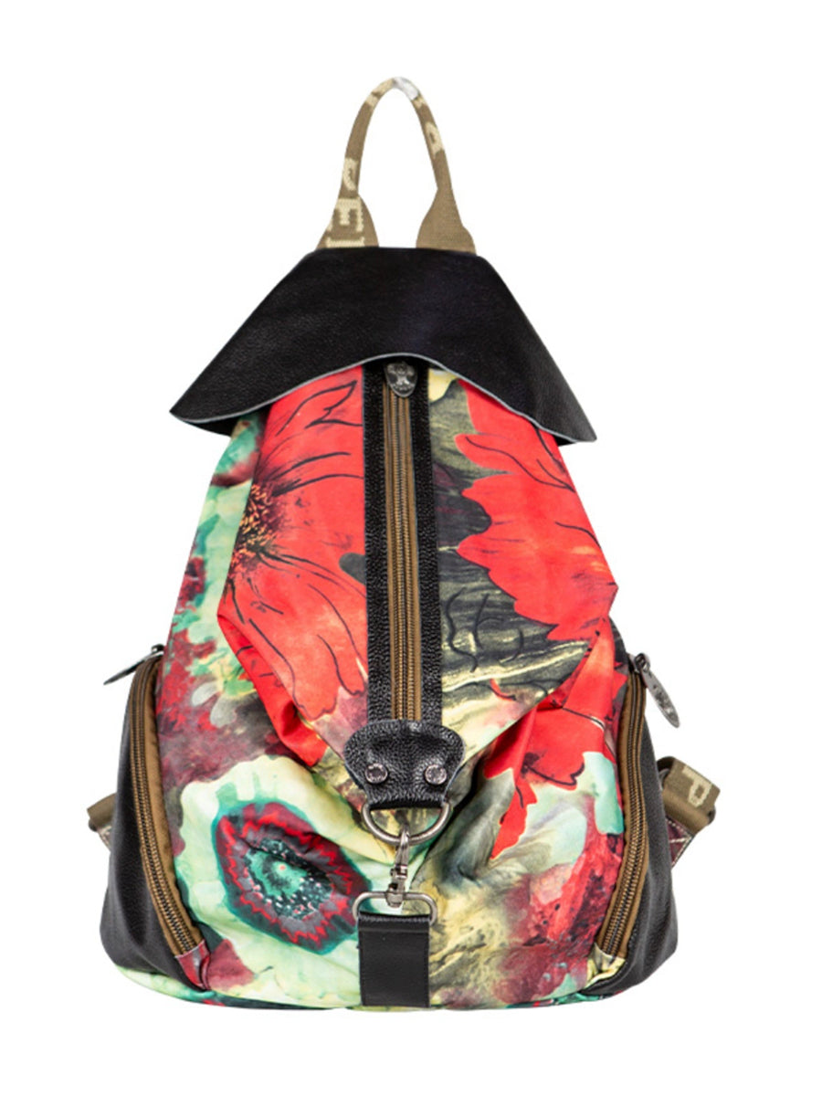 Women Vintage Flower Zipper Leather Spliced Backpack