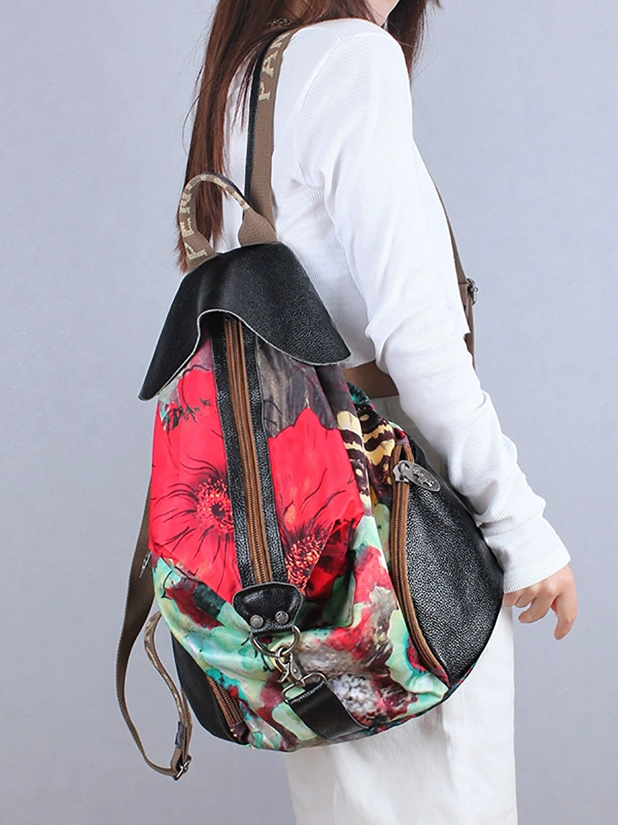 Women Vintage Flower Zipper Leather Spliced Backpack