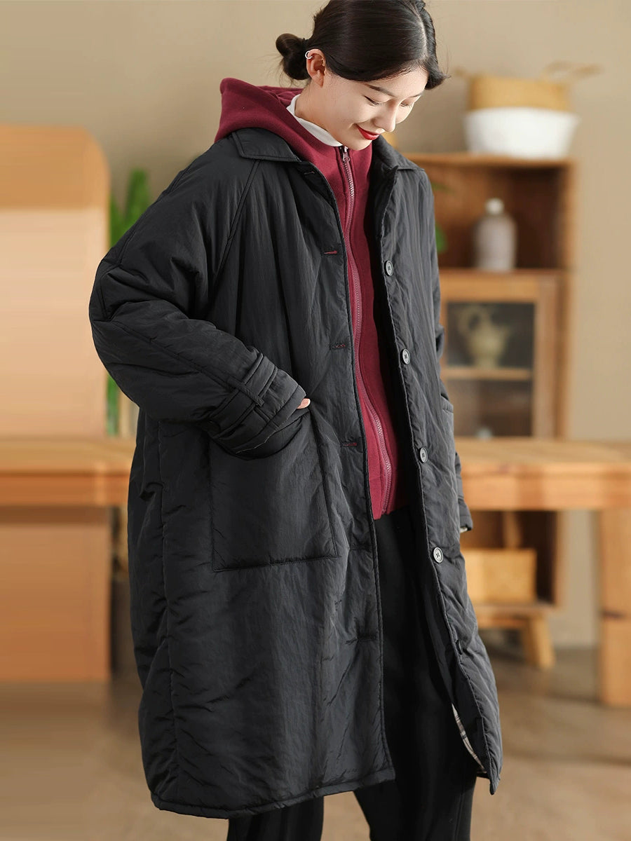 Women Autumn Retro Solid Cotton Padded Long Coat