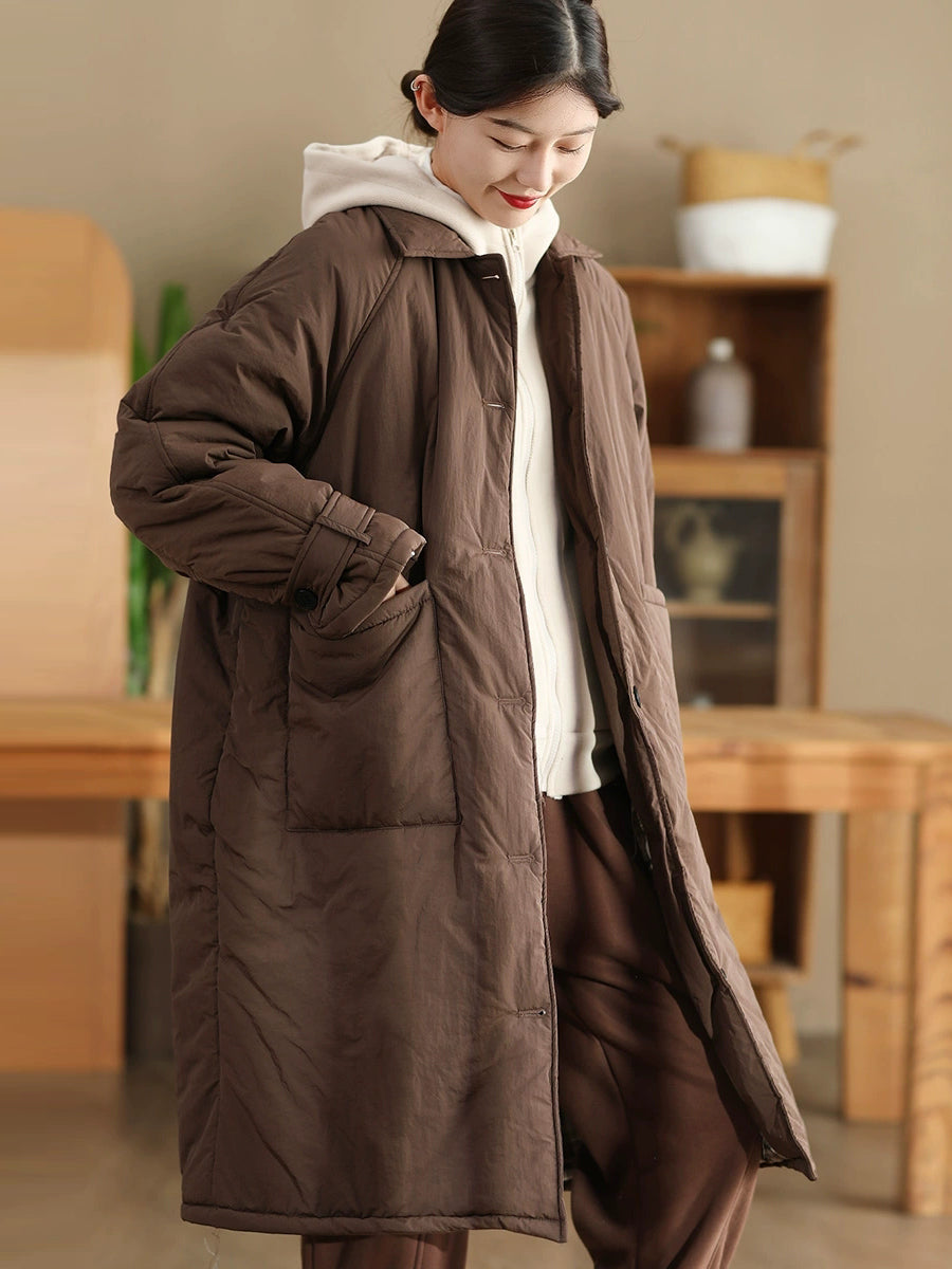 Women Autumn Retro Solid Cotton Padded Long Coat