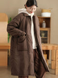 Women Autumn Retro Solid Cotton Padded Long Coat