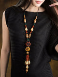 Women Ethnic Bead Stone Weave Sweater Necklace