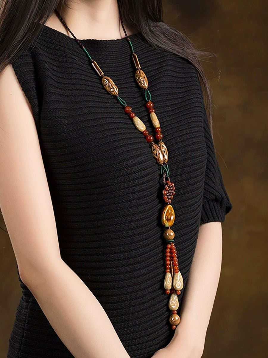 Women Ethnic Bead Stone Weave Sweater Necklace