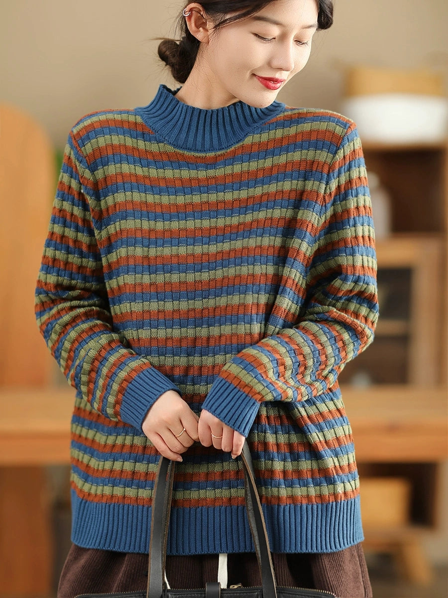 Women Autumn Casual Stripe Half-Turtleneck Sweater