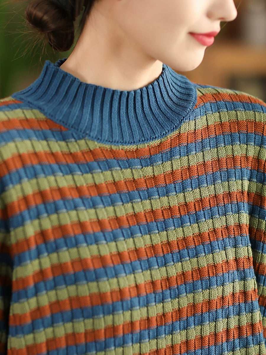 Women Autumn Casual Stripe Half-Turtleneck Sweater