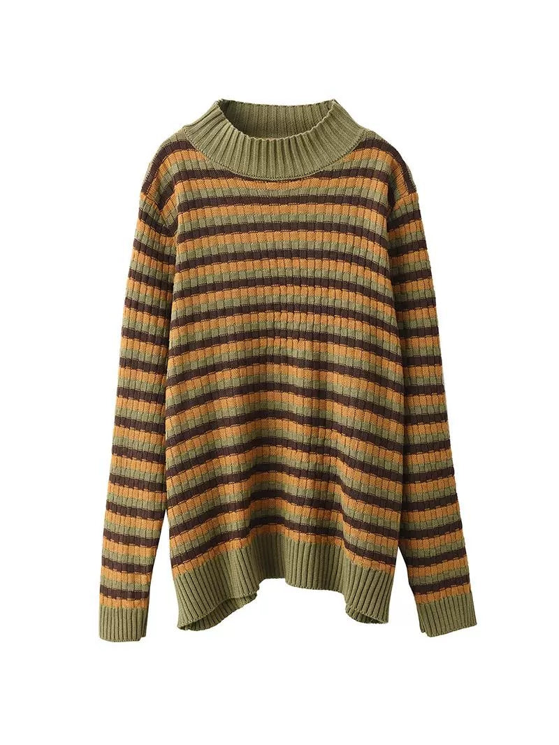 Women Autumn Casual Stripe Half-Turtleneck Sweater