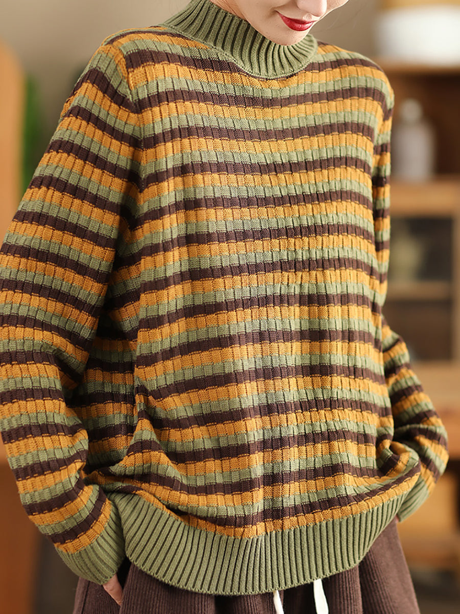 Women Autumn Casual Stripe Half-Turtleneck Sweater