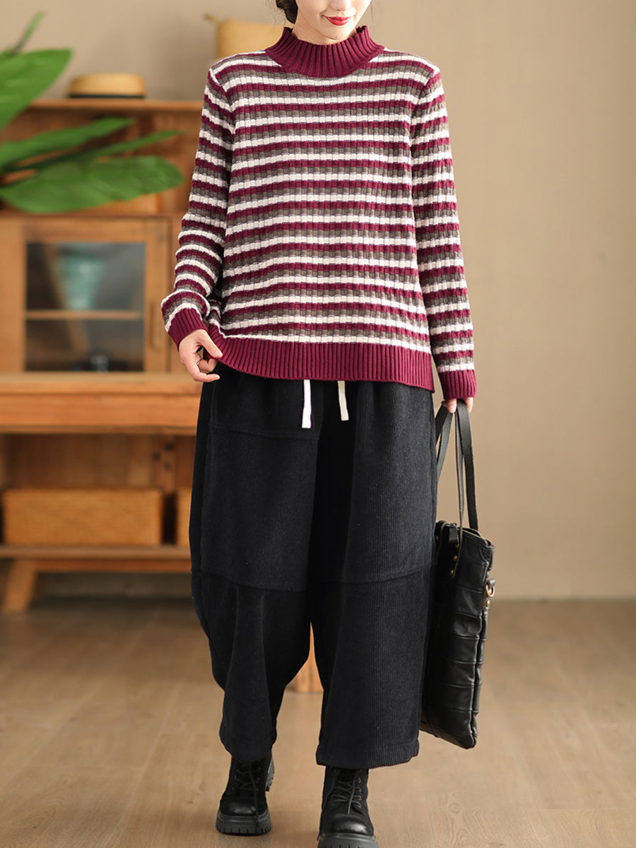 Women Autumn Casual Stripe Half-Turtleneck Sweater