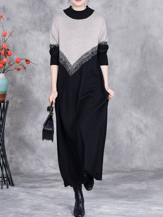 Women Autumn Artsy Colorblock O-Neck Knit Dress