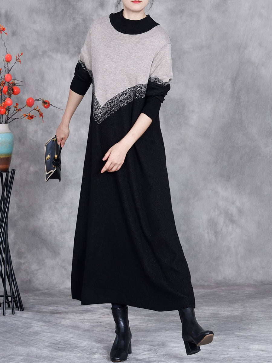 Women Autumn Artsy Colorblock O-Neck Knit Dress