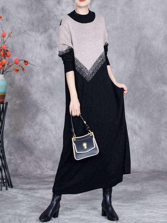 Women Autumn Artsy Colorblock O-Neck Knit Dress