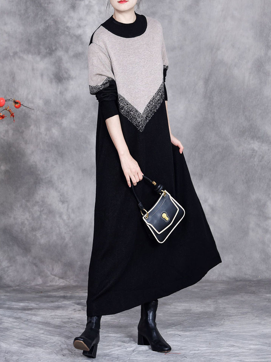 Women Autumn Artsy Colorblock O-Neck Knit Dress