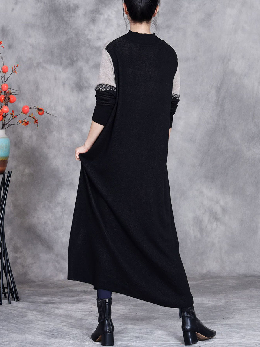 Women Autumn Artsy Colorblock O-Neck Knit Dress