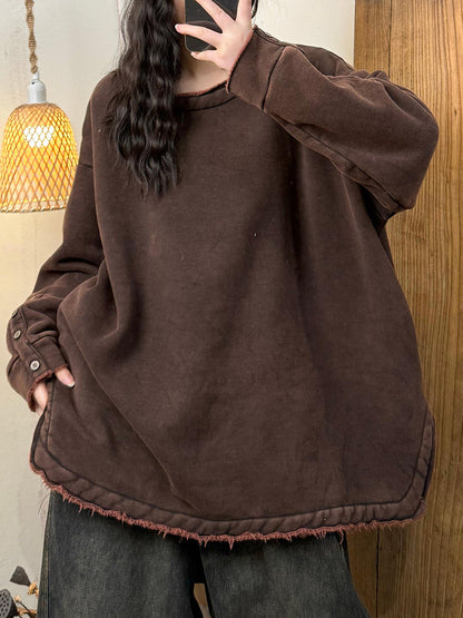 Women Winter Casual Pure Color Fleece-lined O-Neck Sweatshirt