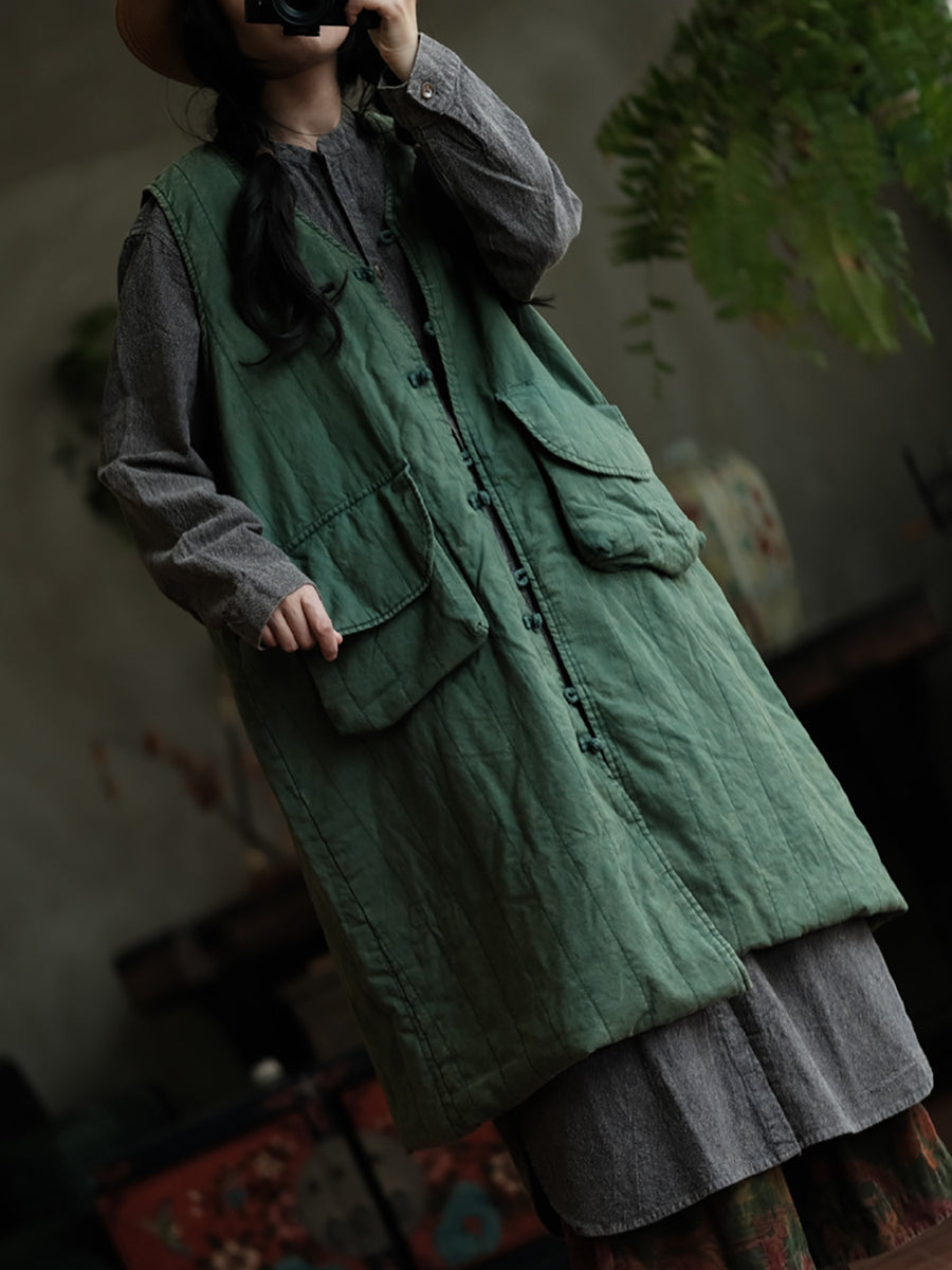 Women Retro Solid V-Neck Buttoned Vest Coat