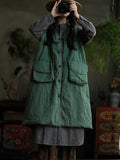 Women Retro Solid V-Neck Buttoned Vest Coat