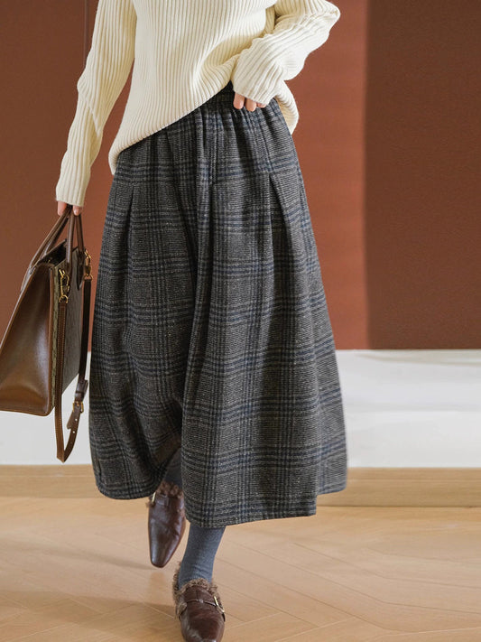 Women Autumn Vintage Plaid Cotton A-Shape Skirt