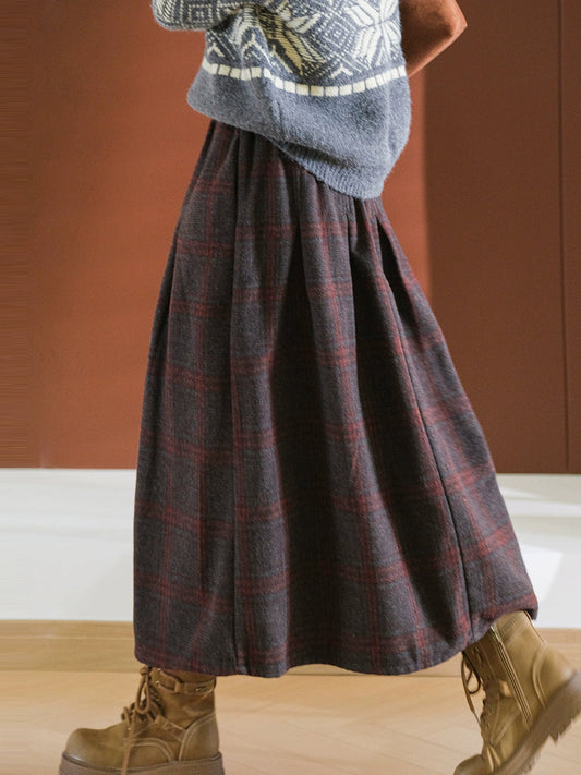 Women Autumn Vintage Plaid Cotton A-Shape Skirt