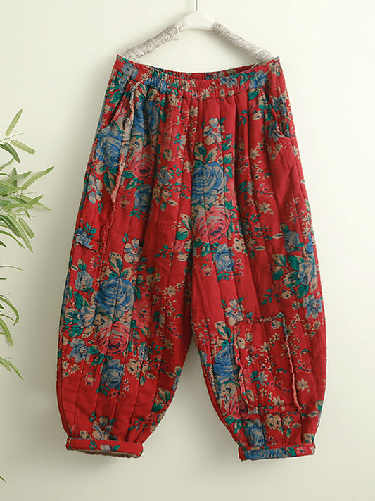 Women Winter Retro Flower Padded Cotton Harem Pants