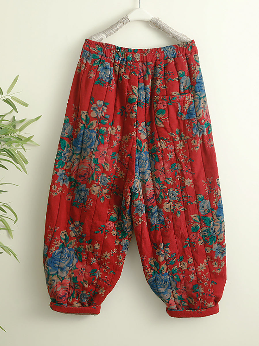 Women Winter Retro Flower Padded Cotton Harem Pants